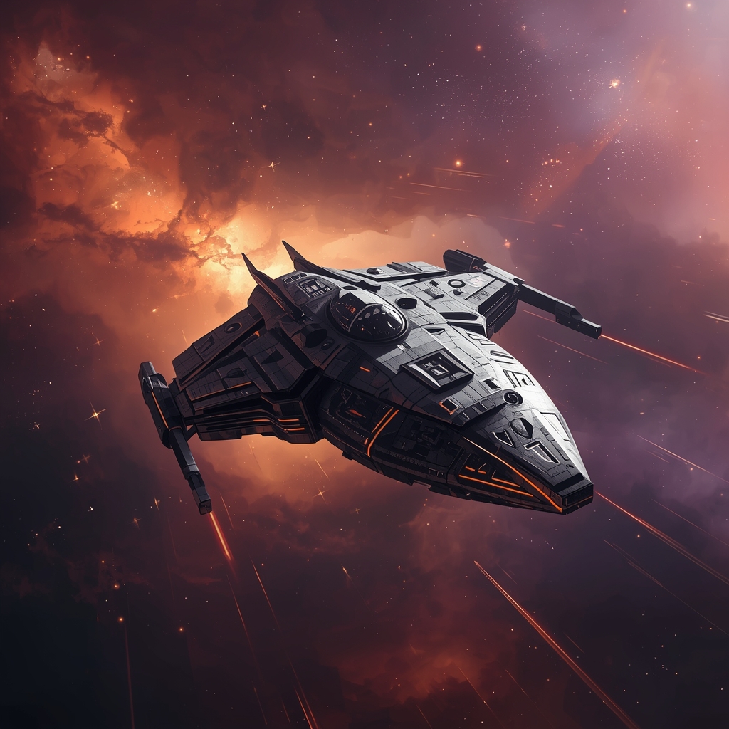 A detailed digital art rendering of a futuristic spaceship navigating through a dense orange and purple nebula with bright stars in the background